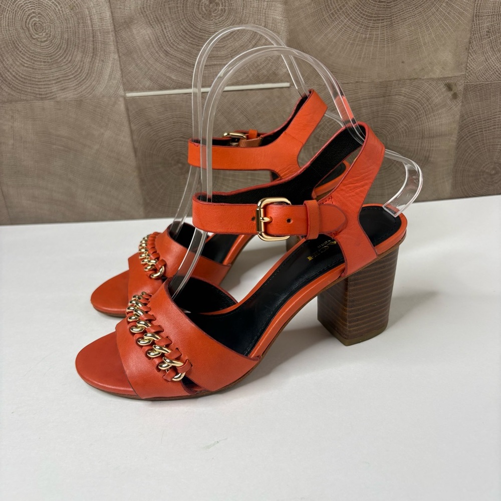Coach Phoebe low block heel sandals in orange leather with gold size 5.5 B